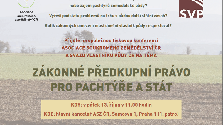 Pozvánka na tiskovou konferenci na téma „Zákonné předkupní právo pro pachtýře a stát“